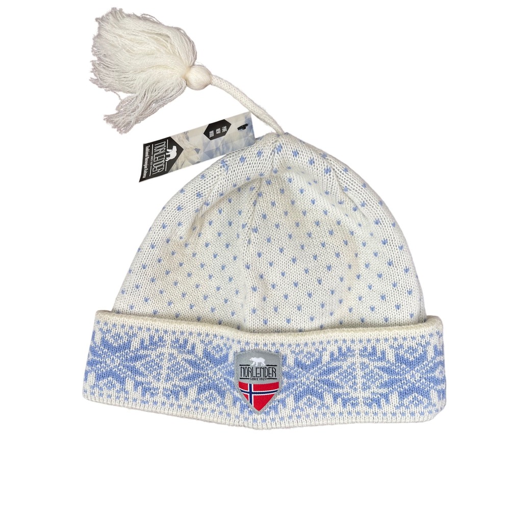 Norlender Knitwear 401 Norwegian Wool Beanie White Blue Snowflake Tassel Hat NWT